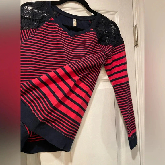 Bare Denim Crew Neck Lace Shoulder Pink Navy Stripe Long Sleeve Shirt Size M - Picture 5 of 10